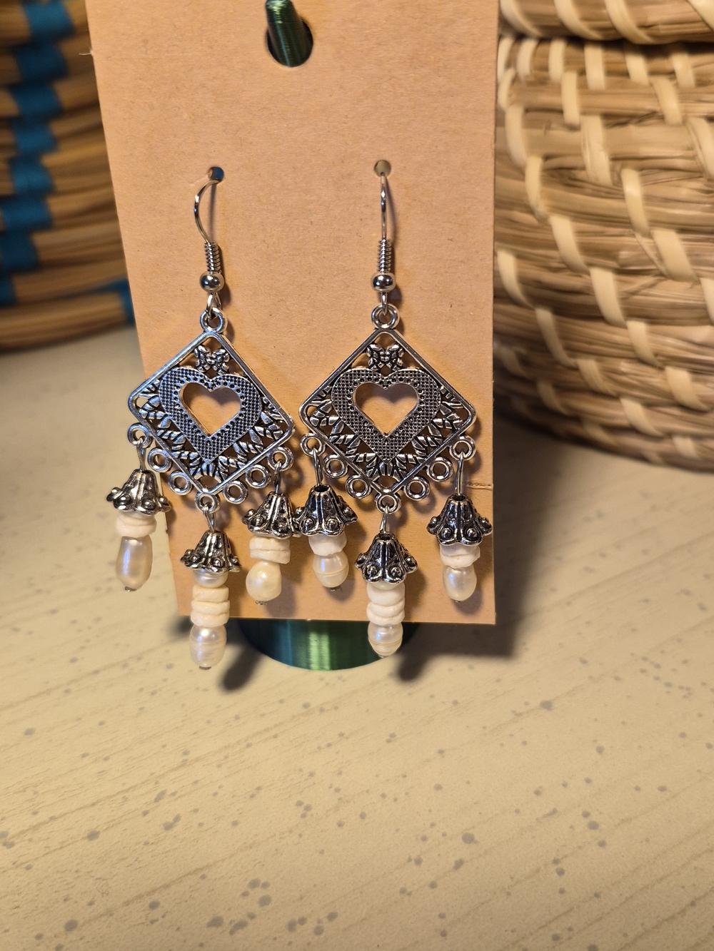 Hand Made Silver-toned Filigree Heart Dangle Earrings with True Pearls & pooka